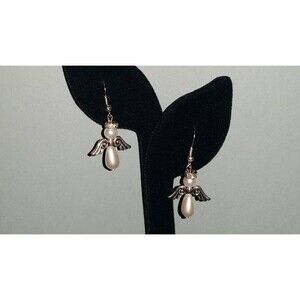 White Pearl and Silver-tone Beaded Angel Earrings